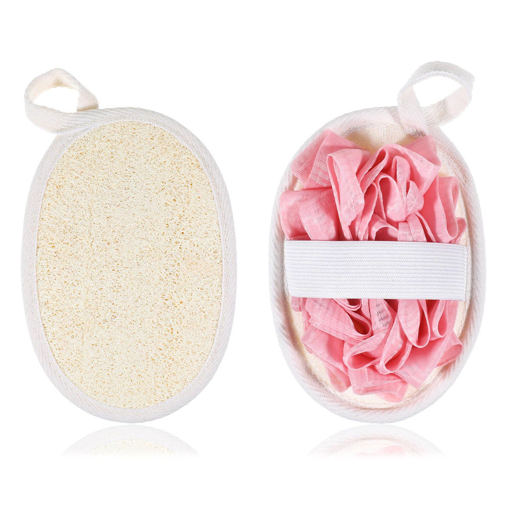 Esponja luffa natural Jeffdad rosa para exfoliar suavemente el cuerpo.