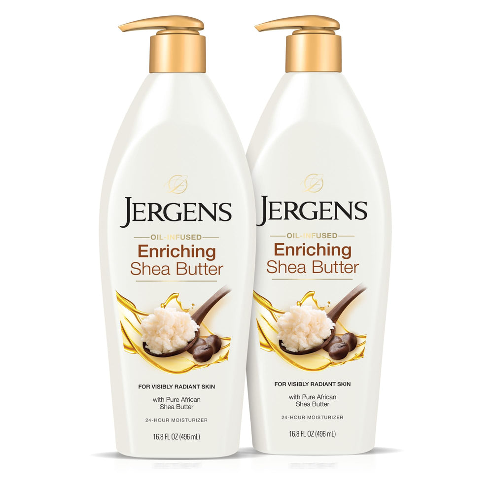Loción corporal Jergens con manteca de karité, botella de 16.8 onzas lista para hidratar.