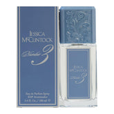 Jessica McClintock Numero Tres EDP en botella azul, fragancia elegante para ocasiones.