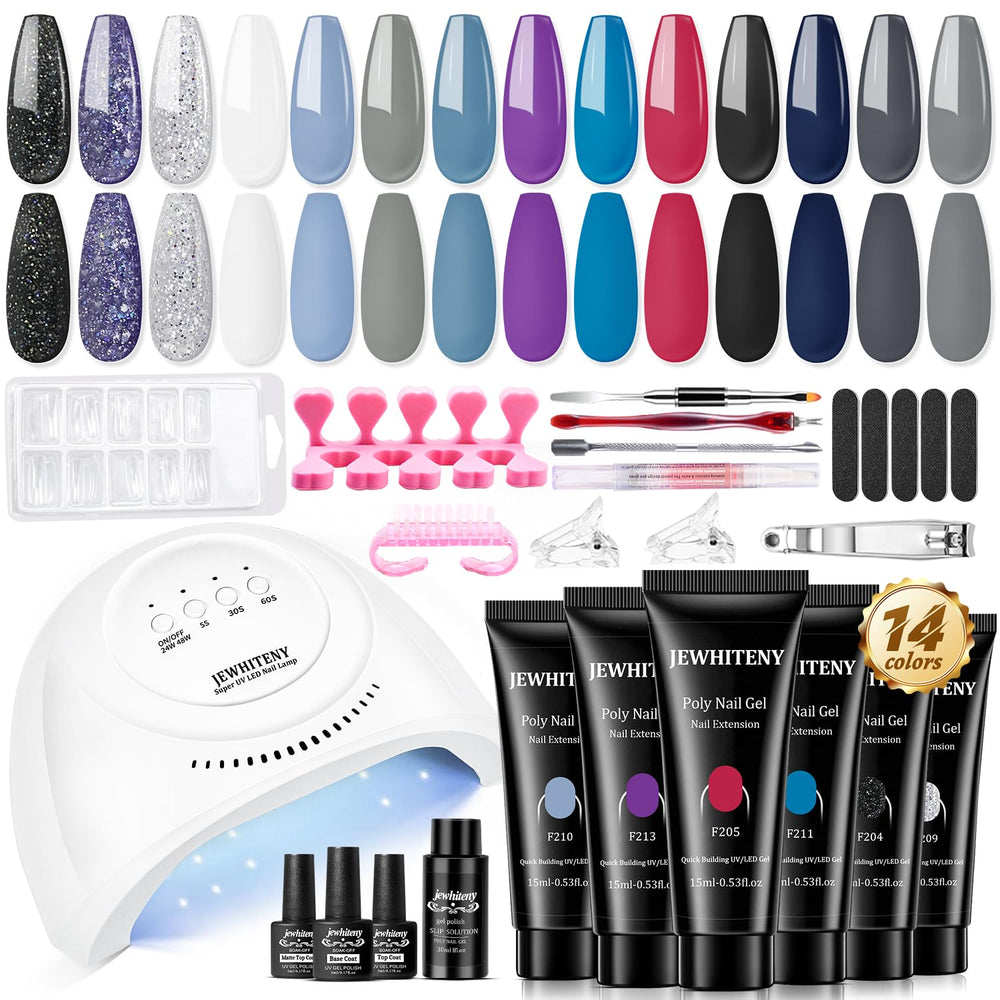 JEWHITENY poly nail gel kit with 14 colors shown for easy at-home nail design