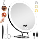 Espejo JJhxr lupa 30x iluminado, vista frontal para retoques detallados.