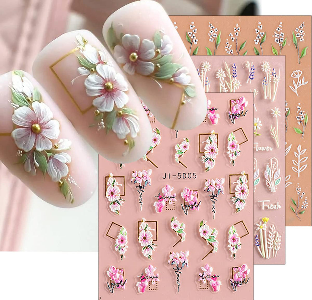 Pegatinas jmeowio con relieve 3D de flores y hojas para uñas rápidas.