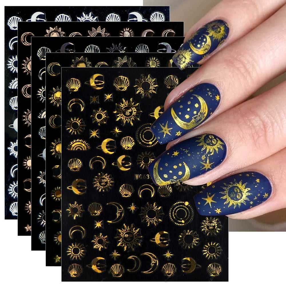JMEOWIO: diseño lunar-estrella-sol en uñas para un aspecto brillante.