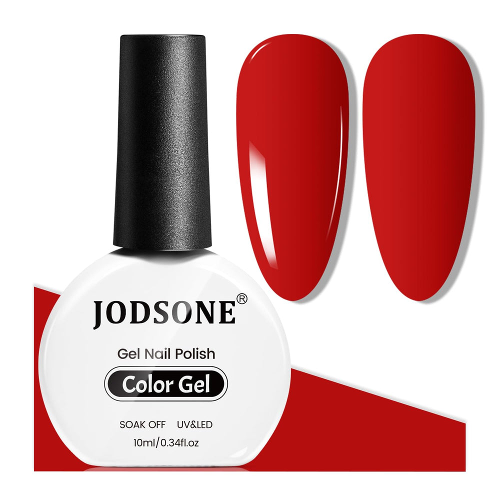 JODSONE gel rojo, botella visible, acabado vibrante para uñas elegantes.