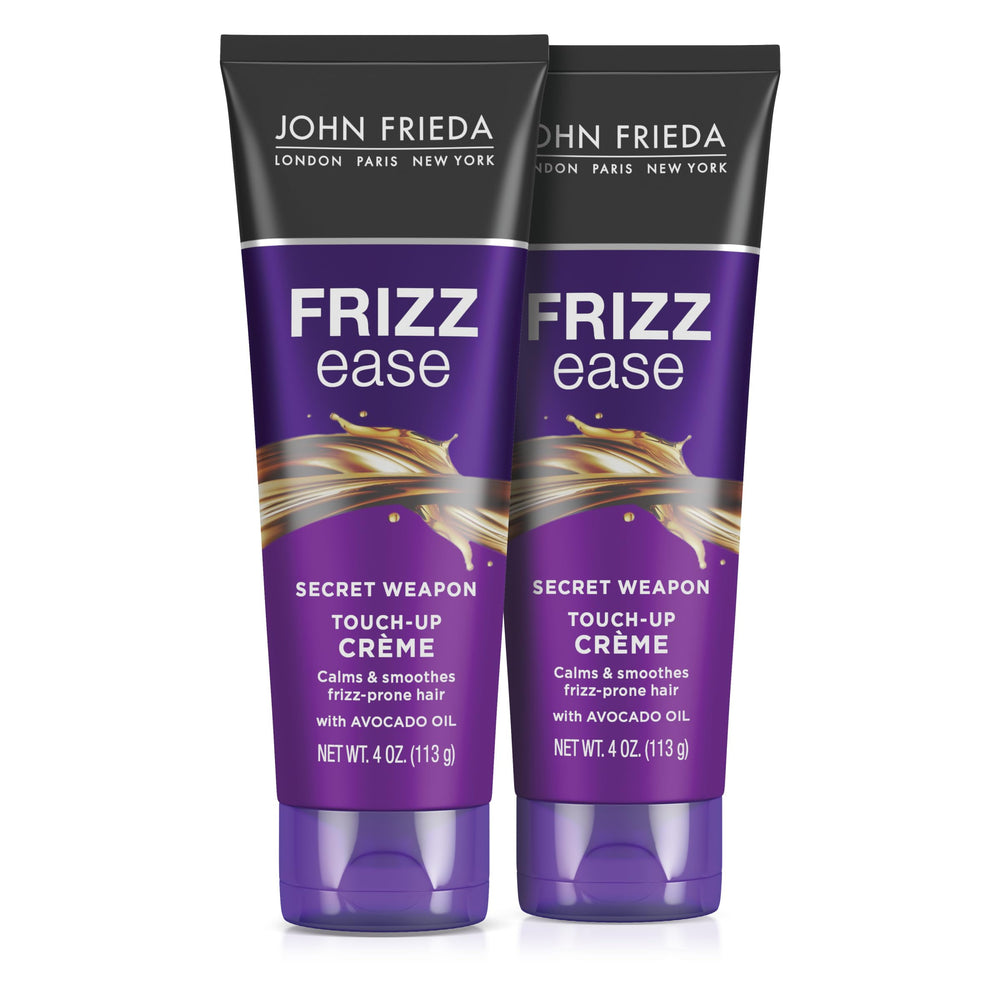 John Frieda crema de retoque, botella frontal, controla el encrespamiento.
