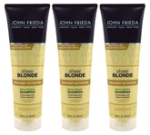 John Frieda shampoo botella derramando para brillo suave en rubios