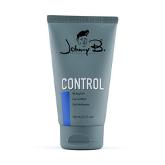 JOHNNY B. Control Gel frente de la botella, fijación fuerte para todo tipo de cabello.