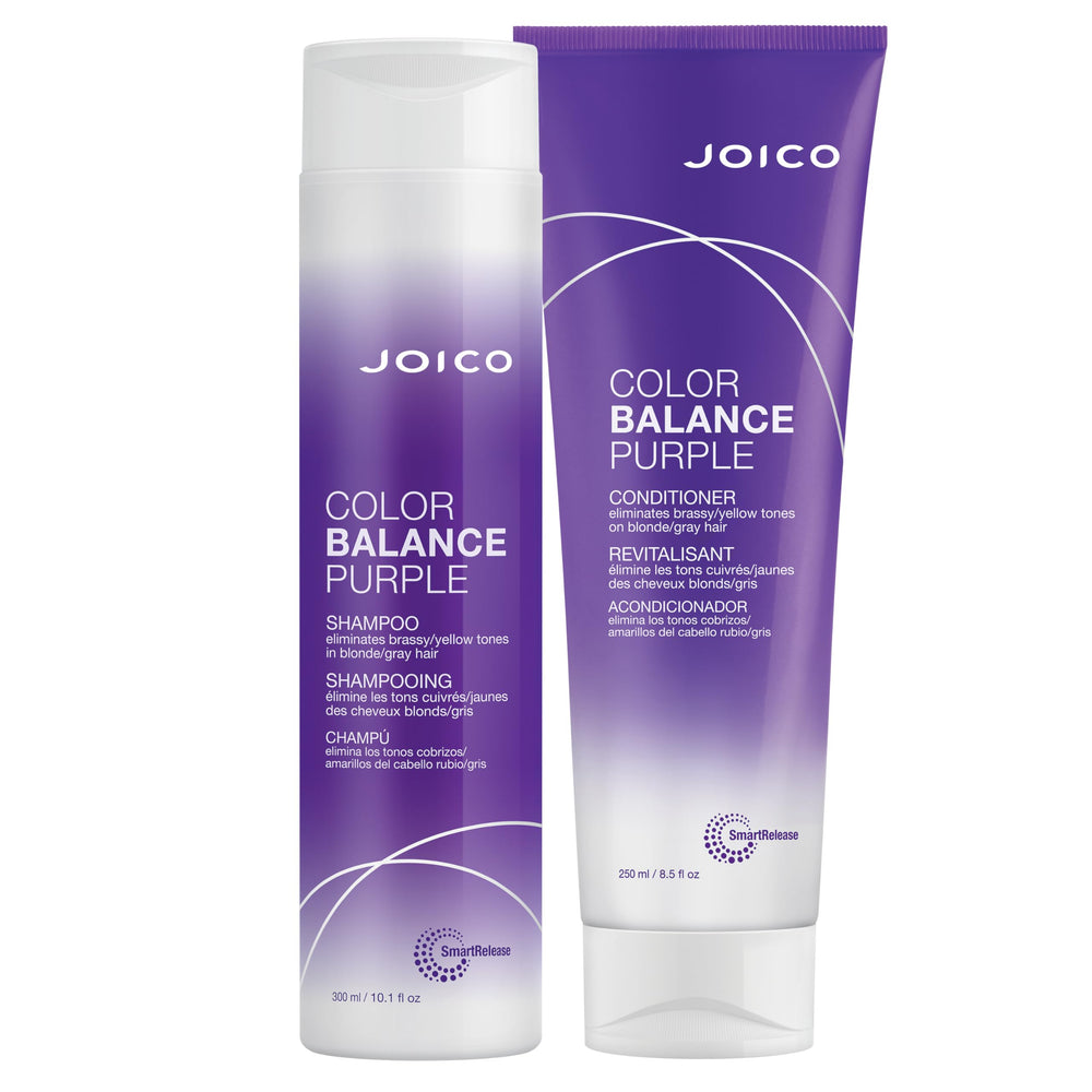 Joico Color Balance Purple champú botella: neutraliza amarillos para rubios fríos.