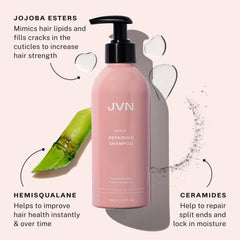 Etiqueta frontal de JVN Revive Reparador Champú, destaca ceramidas para reparación suave.