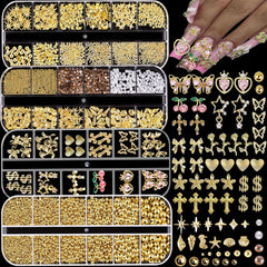 KACHIMOO juego de adornos para uñas en oro y rosa, ideal para diseños versátiles.