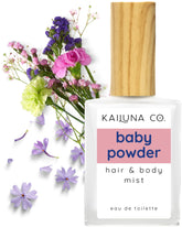 Kailuna Co. bruma talco para cabello y cuerpo en pulverizador, aroma suave y reconfortante.