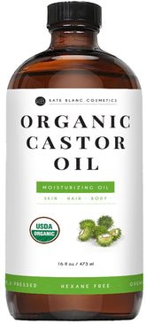 Kate Blanc Cosmetics Aceite de Ricino en frasco de vidrio de 16 oz para piel y cabello.