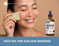 Kate Blanc Cosmetics aceite de rosa mosqueta, gua sha con deslizamiento suave