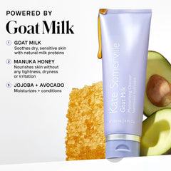 Textura cremosa del limpiador Goat Milk para rostro, experiencia suave.