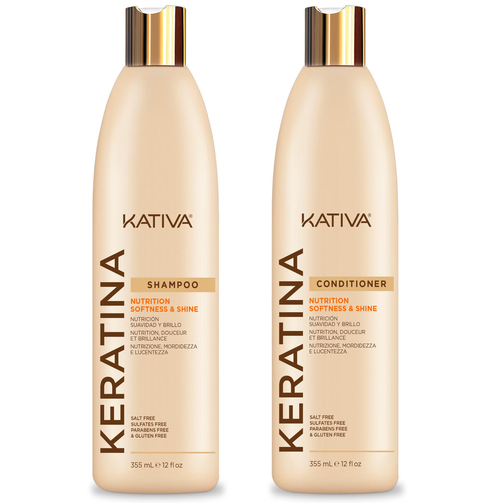 KATIVA Keratin Shampoo and Conditioner pack shot for nourished, smoother, shinier hair.