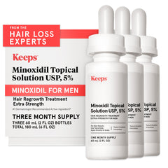 Keeps Minoxidil 5% botella con gotero preciso para aplicación focal en coronilla.