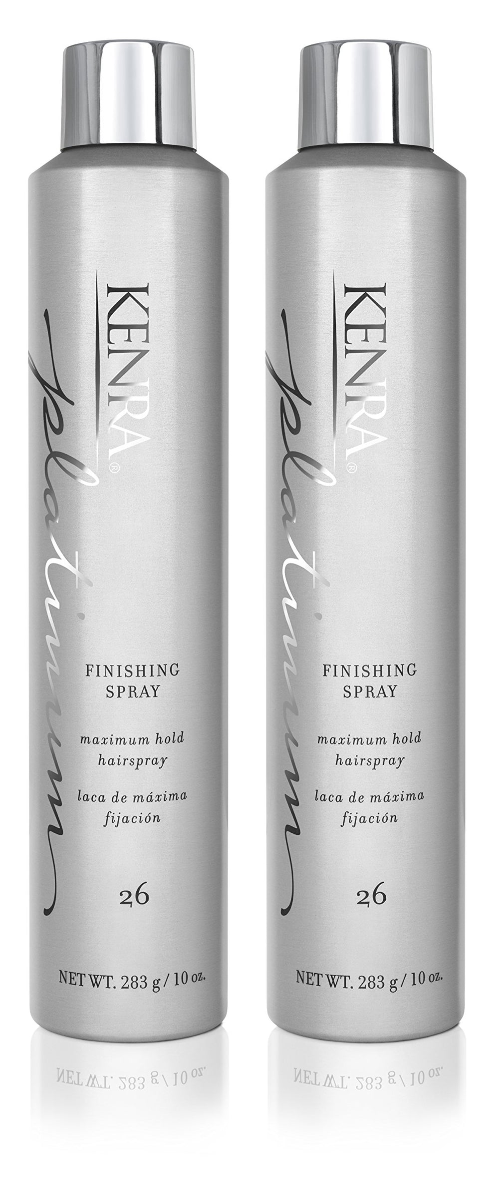 Kenra Platinum Finishing Spray 26 bottle close-up showing a high-shine finish and strong hold.
