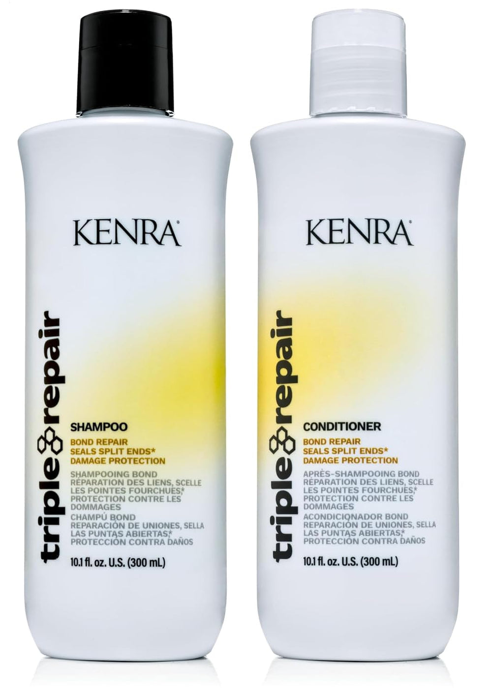 Kenra Triple Repair Shampoo botella muestra la promesa de reparar enlaces débiles del cabello