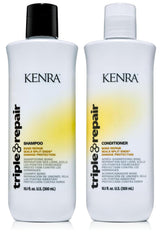 Kenra Triple Repair Shampoo botella muestra la promesa de reparar enlaces débiles del cabello