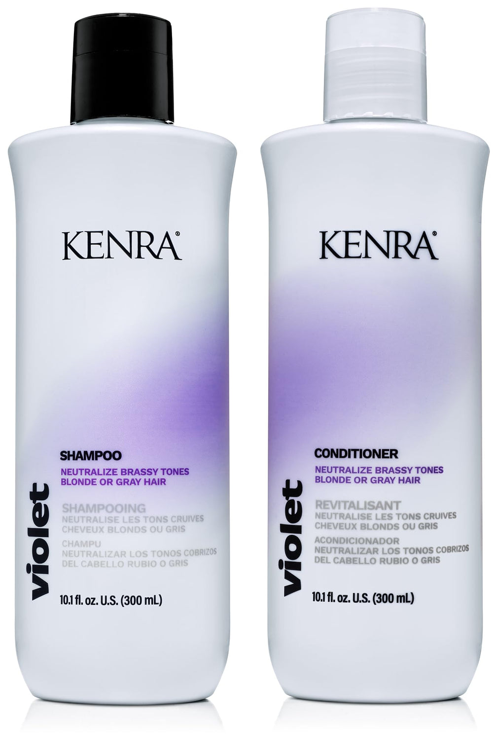 Kenra Violet Champú botella frente: neutraliza tonos cobrizos y aporta brillo.