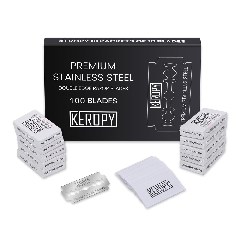 Keropy 100, afilado de doble hoja, ofrece precisión ultrasuave para un afeitado limpio.
