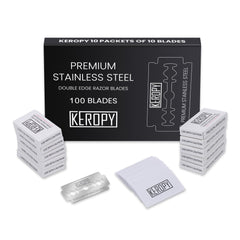Keropy 100, afilado de doble hoja, ofrece precisión ultrasuave para un afeitado limpio.