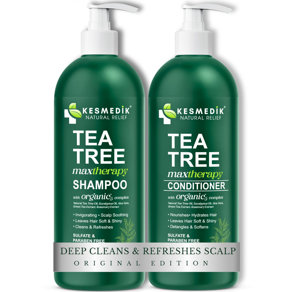 KESMEDIK Tea Tree Shampoo bottle shows refreshing cleanse for scalp