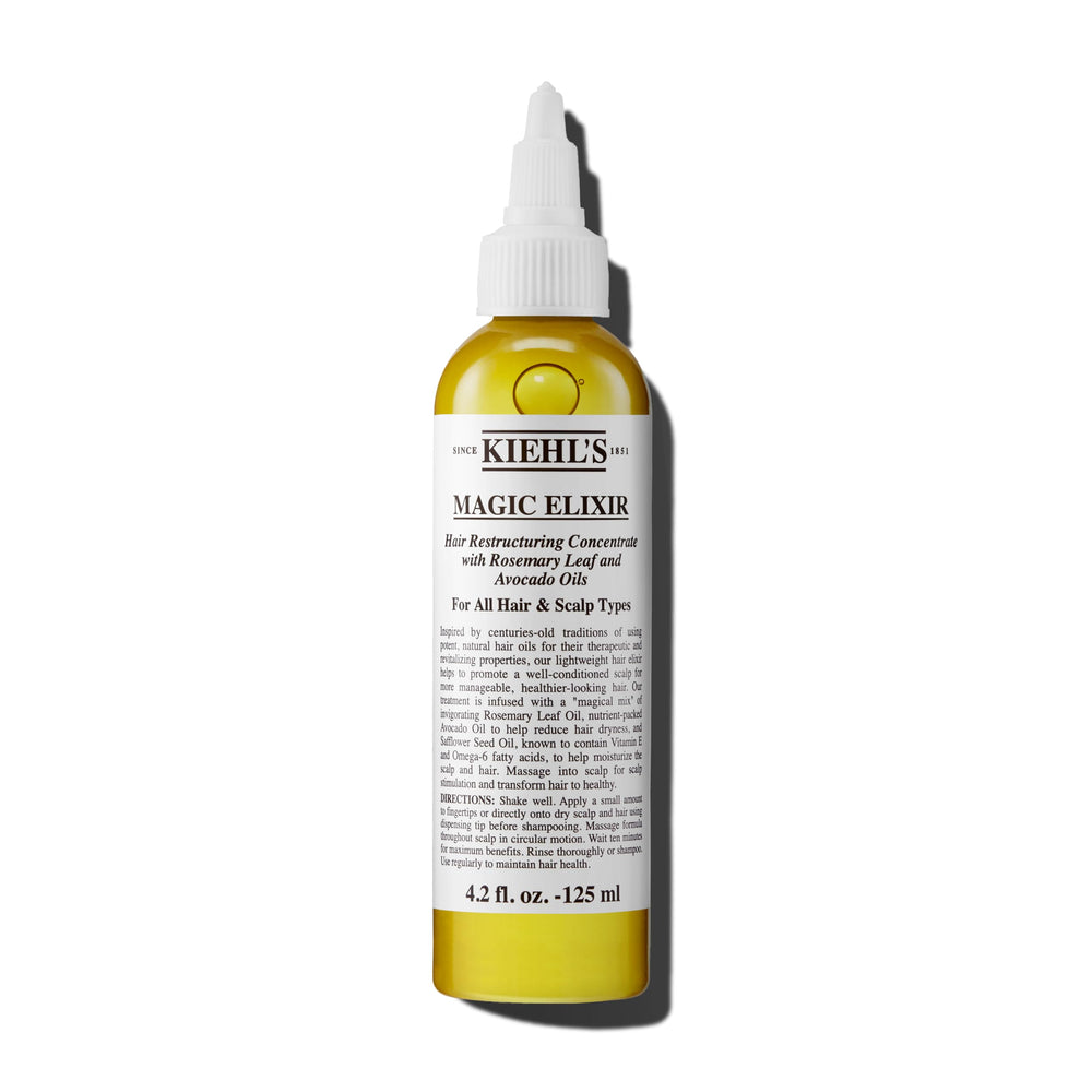 Kiehl's Magic Elixir, botella frontal, cuidado suave y nutritivo para el cabello.