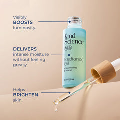 Kind Science Radiance Oil: textura ligera que se absorbe rápido para un acabado natural.