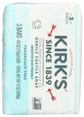 Kirks barra jabón sin fragancia, presentación compacta para viaje.