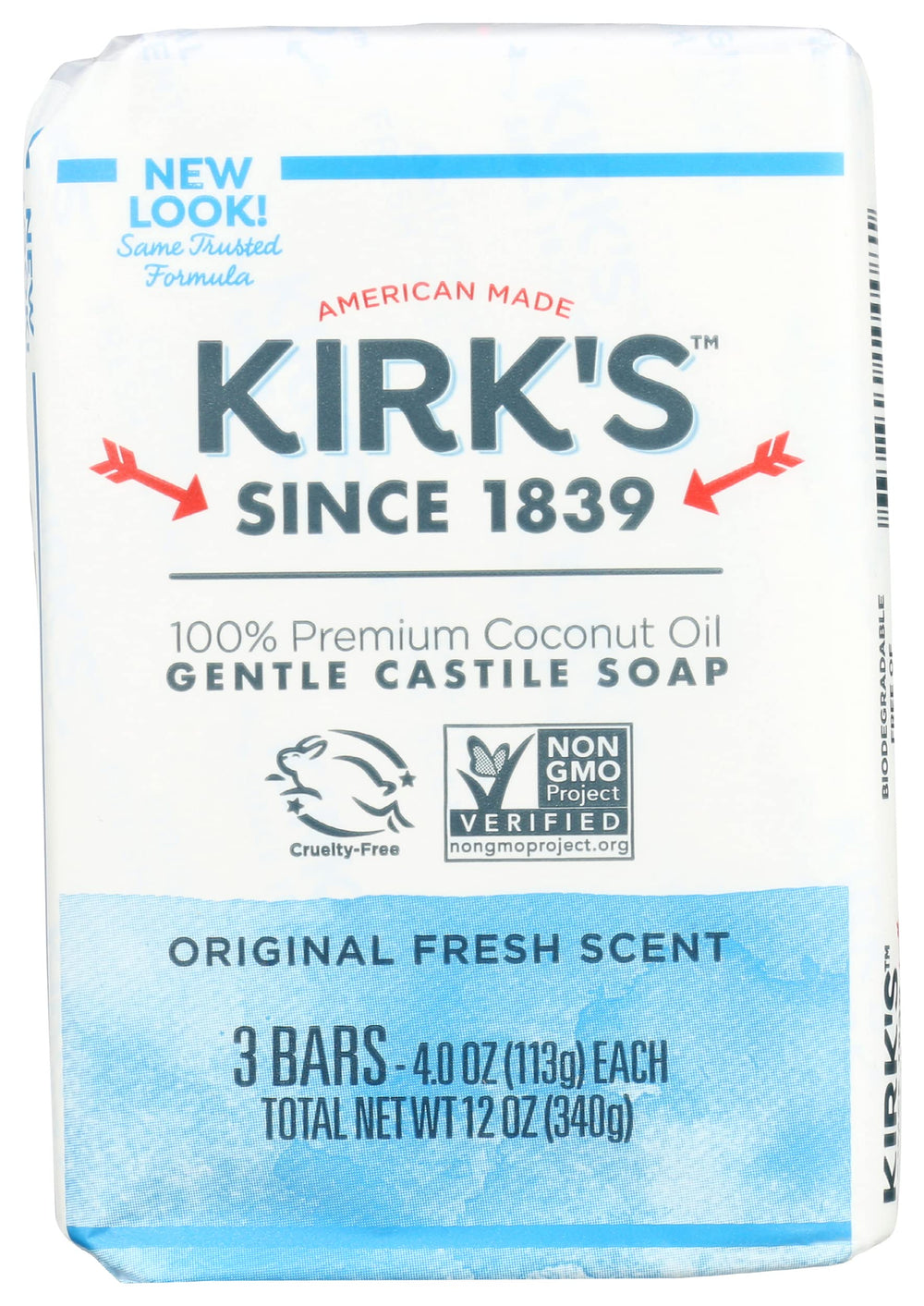 Kirk's Jabón de Castilla Original, tres-unidades, limpieza suave para piel sensible.