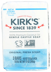Kirk's Jabón de Castilla Original, tres-unidades, limpieza suave para piel sensible.