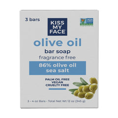 Jabón Kiss My Face Barra con aceite de oliva, pack 3x4 oz, hidratación suave.
