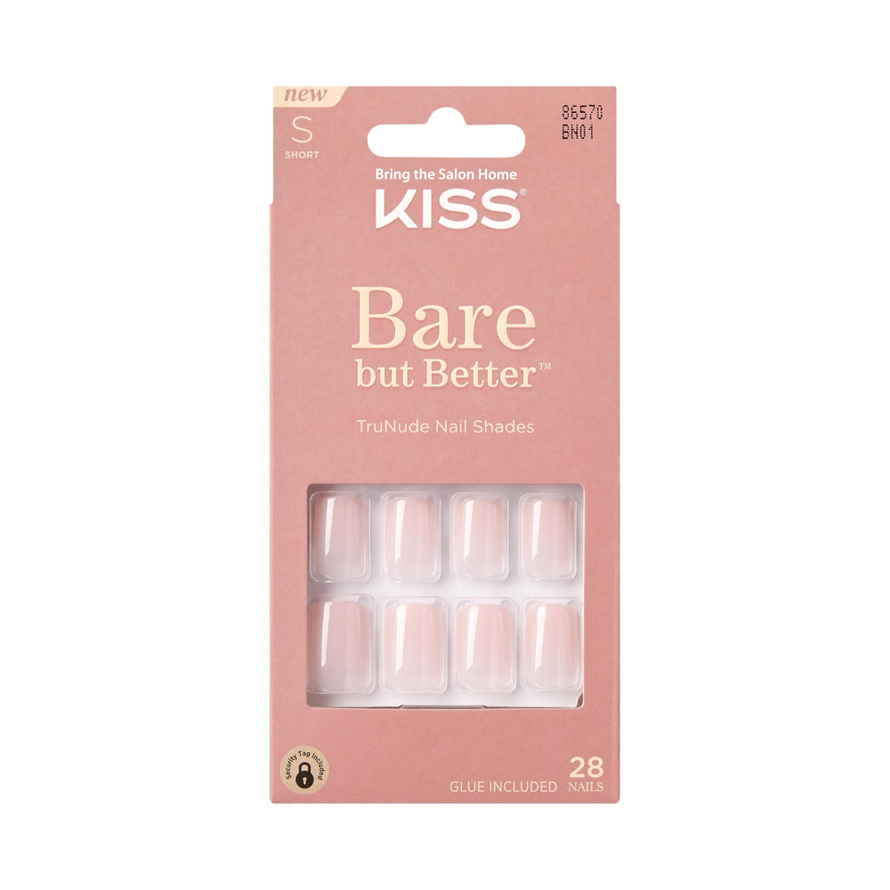KISS Unas nude con brillo rosado para un look natural y pulido.