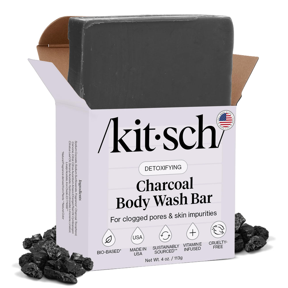 Kitsch barra jabón carbón activado, presentación atractiva para ducha diaria.
