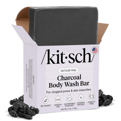 Kitsch barra jabón carbón activado, presentación atractiva para ducha diaria.