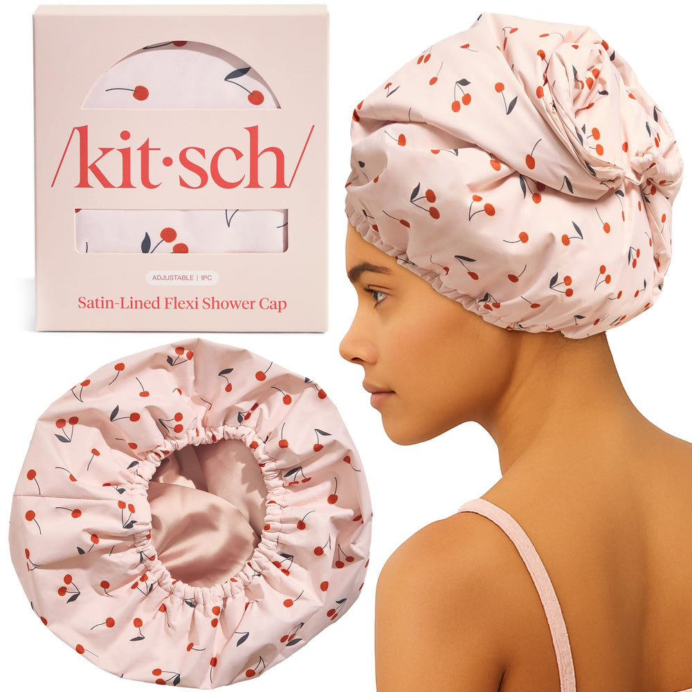Gorra de ducha Kitsch con forro satén Flexi y estampado de cereza, lujo para el baño