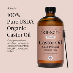 Kitsch huile de ricin, bouteille en verre détaillée, soin pur et naturel.