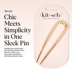 Pin de pelo francés Kitsch oro, inserción suave para moños sin daños ni tirones.