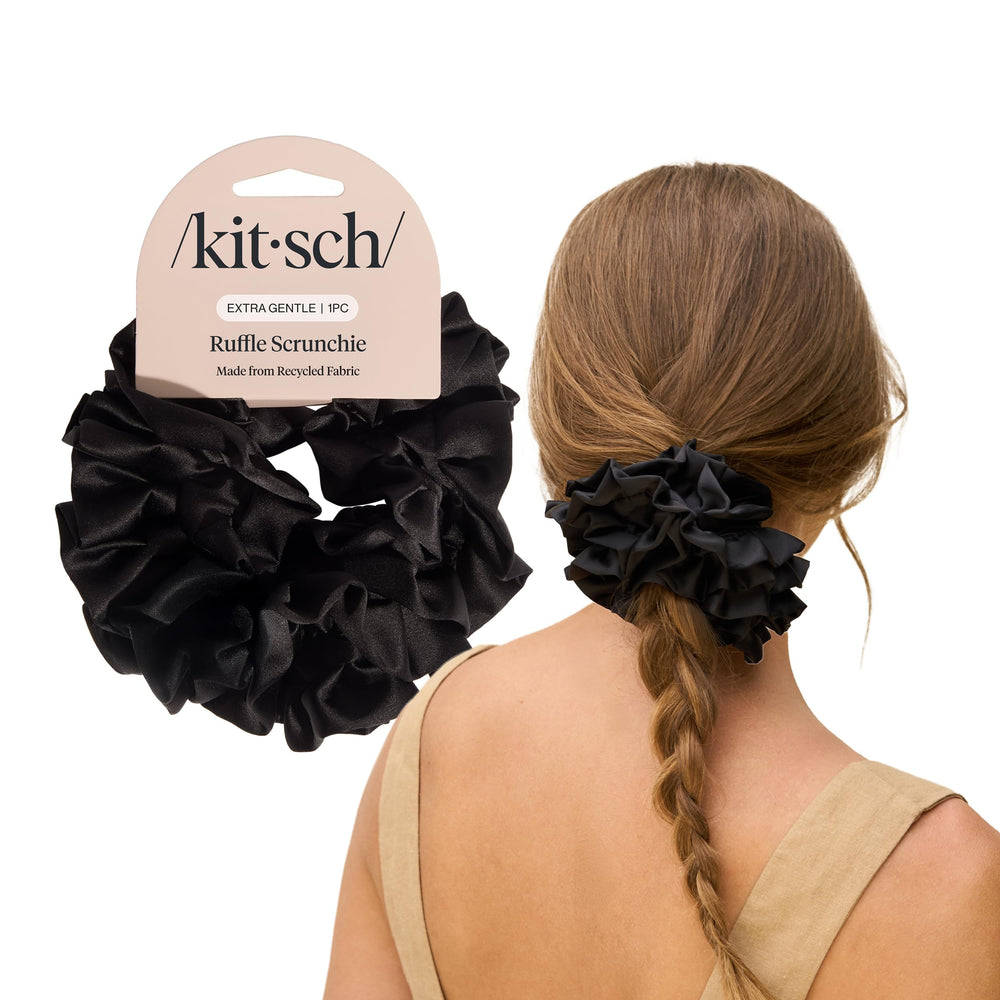 Goma de pelo Kitsch satén reciclado con volante, ideal para peinados.