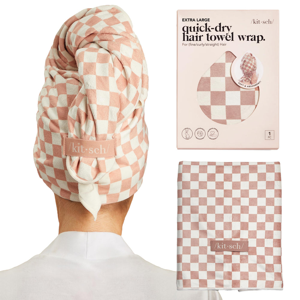 Toalla Kitsch XL de microfibra con cuadros terracota, secado rápido para todo tipo de cabello.