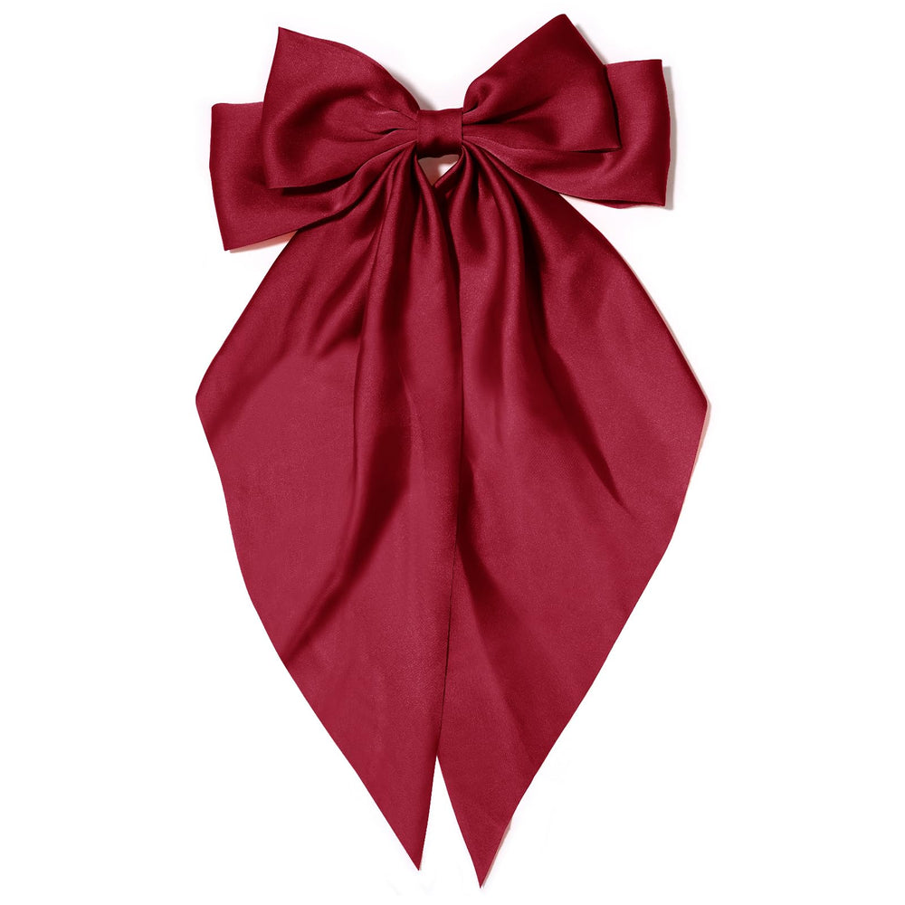 Lazo satinato Kivzex vino rojo con cola larga para peinado elegante.