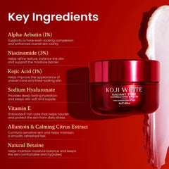 Koji White: ingredientes clave como vitamina E y alfa-arbutina.