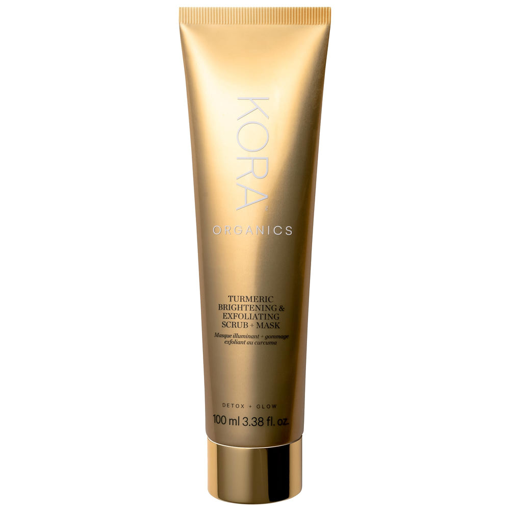 KORA Organics mascarilla exfoliante curcuma en frasco, aporta resplandor suave.