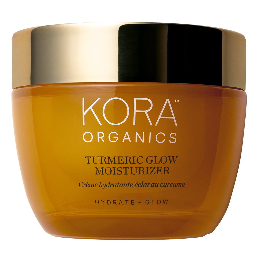 KORA Organics Turmeric Glow Moisturizer, bote: hidratación suave para piel radiante.