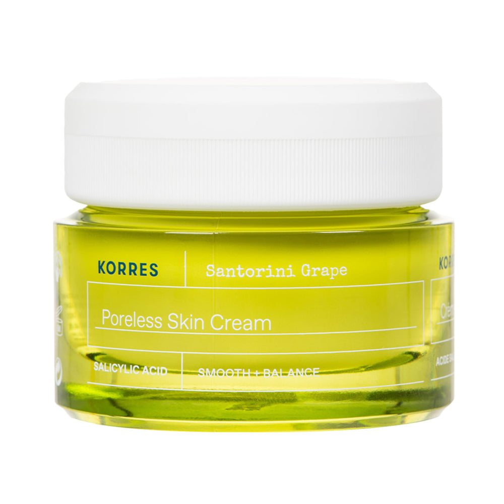 Korres Santorini Grape Gel-Crème sur bouteille, peau sans pores et hydratée.
