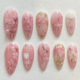 KRTBKR uñas press on media almendra rosa con flor para un look rápido