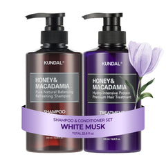 KUNDAL champú White Musk, botella ergonómica para uso diario.