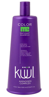 Kuul Matizante Shampoo, botella púrpura, realza rubios y canos con brillo suave.