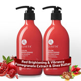 L LUSETA duo shampoing rouge et après-shampoing, bouteilles visibles, reflets cuivre prometteurs.